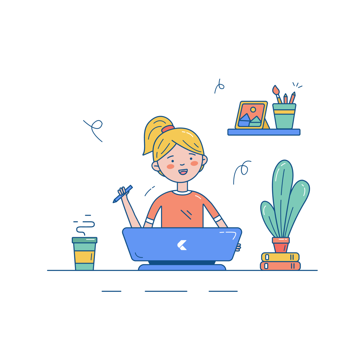 A person sitting behind a tablet holding a stylus in their office. Surrounding them are coffee, a plant, books, and a shelf with pens, paintbrushes and a picture of houses.