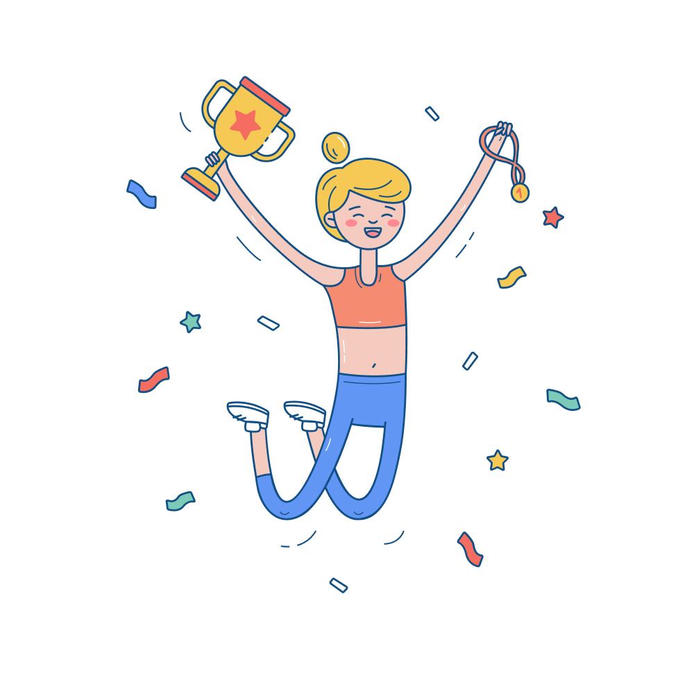 A person jumping for joy holding a trophy and medal, with colorful ribbons and stars surrounding them.